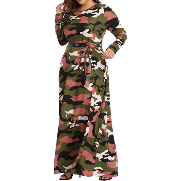 Plus Size Camouflage Maxi Dress Long Sleeve Floor Length Party Casual - Picture 4 of 9